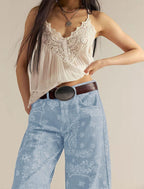 Chouyatou Women Boyfriend Baggy Barrel Jeans Floral Print Denim Ankle Pants Wide Leg Mid Rise Jeans Sweatpants Y2k Patchwork