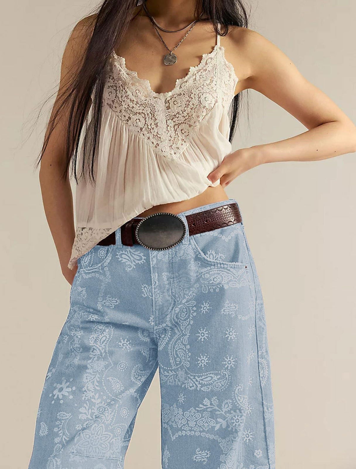 Chouyatou Women Boyfriend Baggy Barrel Jeans Floral Print Denim Ankle Pants Wide Leg Mid Rise Jeans Sweatpants Y2k Patchwork