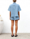 chouyatou Women's Summer Denim 2 Piece Outfits Short Sleeve Button Down Shirt Elastic Waist Wide Leg Shorts Matching Set
