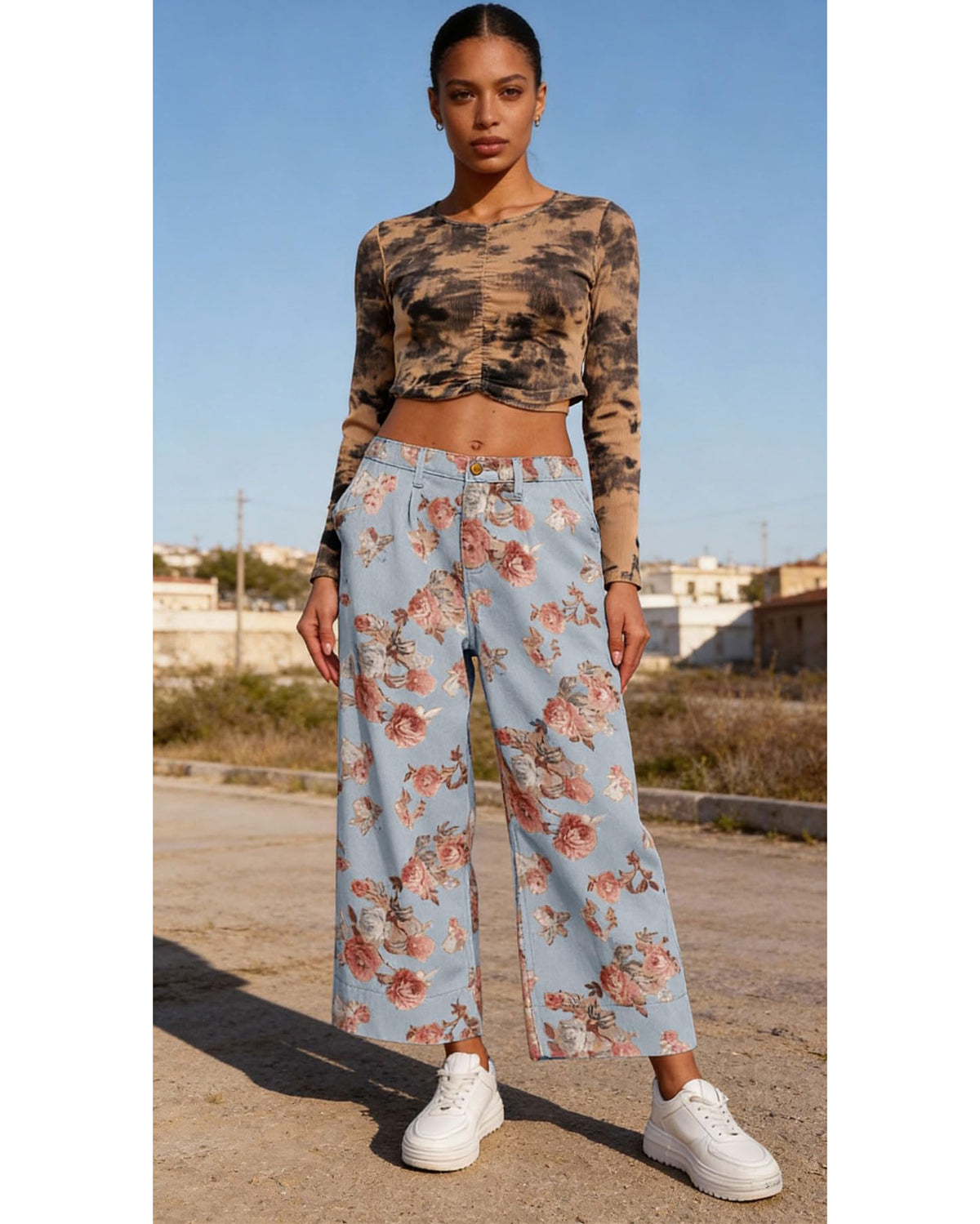 Chouyatou Women Mid Rise Cropped Wide Leg Jeans Baggy Floral Ankle Pants Denim Capris Flare Print Boho Palazzo Jeans Boyfriend