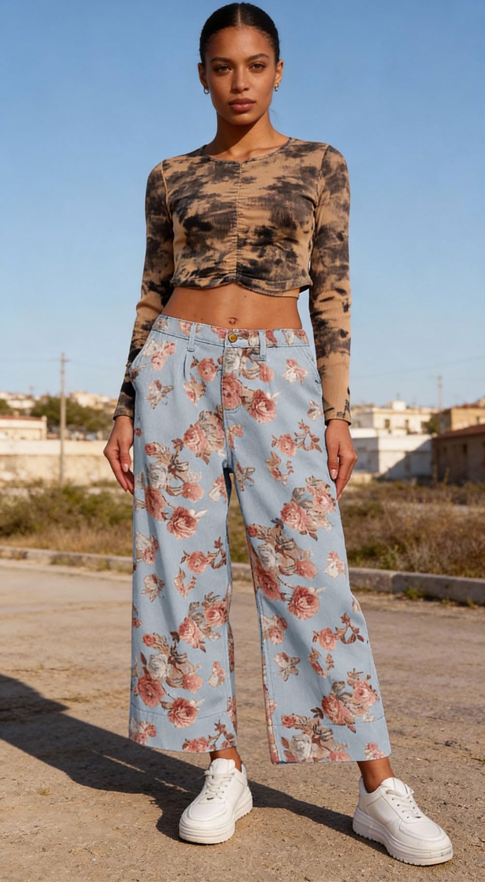 Chouyatou Women Mid Rise Cropped Wide Leg Jeans Baggy Floral Ankle Pants Denim Capris Flare Print Boho Palazzo Jeans Boyfriend