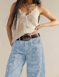 chouyatou Women Boyfriend Baggy Barrel Jeans Floral Print Denim Ankle Pants Wide Leg Mid Rise Jeans Sweatpants Y2k Patchwork