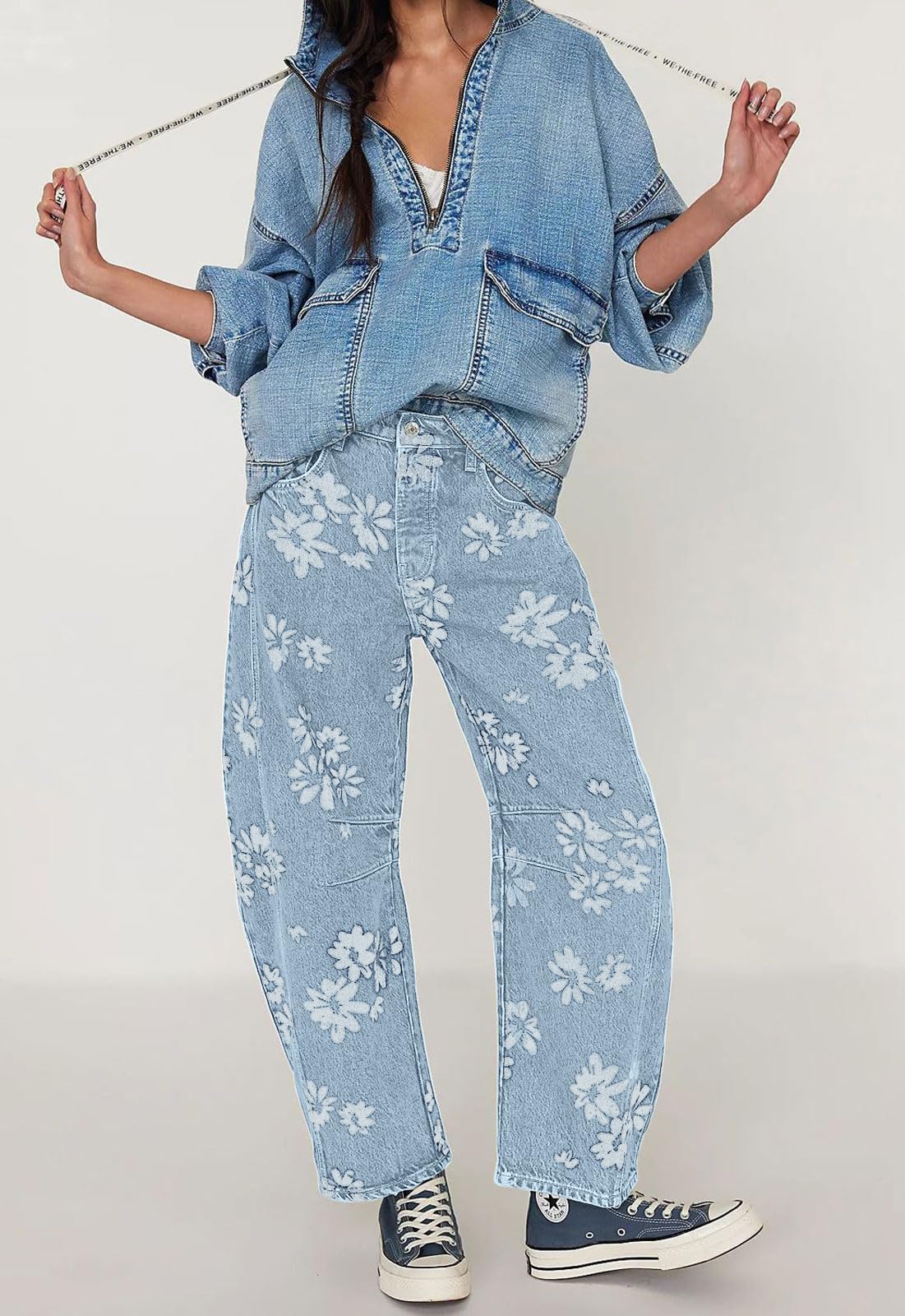 Chouyatou Women Y2k Distressed Barrel Jeans Baggy Wide Leg Jeans Floral Printed Boyfriend Patchwork Denim Pants