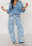 Chouyatou Women Y2k Distressed Barrel Jeans Baggy Wide Leg Jeans Floral Printed Boyfriend Patchwork Denim Pants