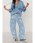 Chouyatou Women Y2k Distressed Barrel Jeans Baggy Wide Leg Jeans Floral Printed Boyfriend Patchwork Denim Pants
