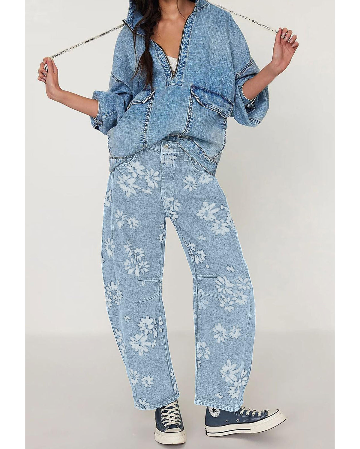 Chouyatou Women Y2k Distressed Barrel Jeans Baggy Wide Leg Jeans Floral Printed Boyfriend Patchwork Denim Pants