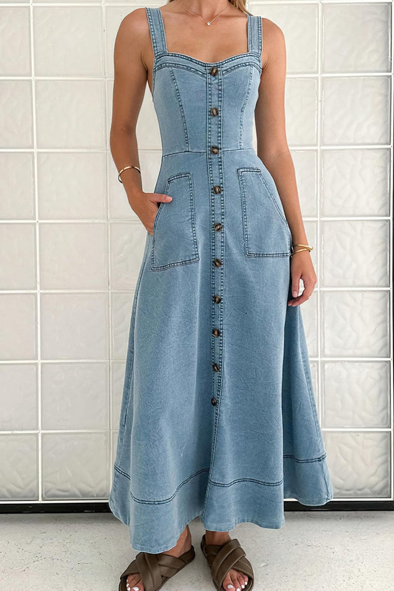 Chouyatou Women's Adjustable Strap Midi Long Denim Dress 2025 Button D – CHOUYATOU