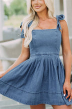 Chouyatou Women's Summer Tie Shoulder Sleeveless Denim Mini Dress Casual Flowy Swing Pleated Short Denim Dress