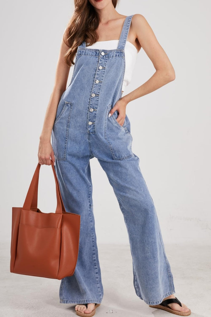 Chouyatou Casual Denim Jumpsuit for Women Overalls Wide Leg Jumpsuit Jeans Denim Bib Overalls Dungaree Pockets