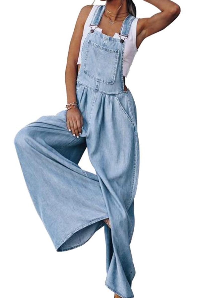 Chouyatou Women's Loose Adjustable Strap Wide Leg Denim Bib Overall Jeans Pants