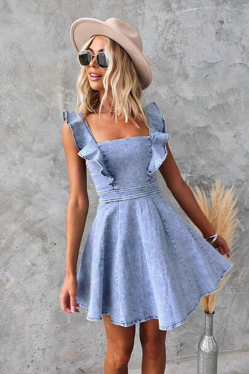 Chouyatou Denim Dress for Women Ruffle Adjustable Strap Sleeveless Bac CHOUYATOU Chouyatou Denim Dress for Women Ruffle Adjustable Strap Sleeveless Bac CHOUYATOU