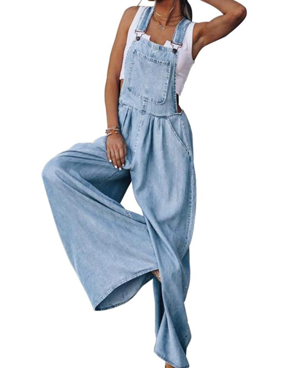 Chouyatou Women's Loose Adjustable Strap Wide Leg Denim Bib Overall Jeans Pants