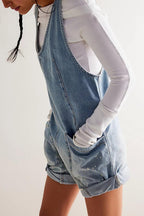 Chouyatou Women Casual Denim Short Overalls Rolled Cuff Barrel Shorts Jumpsuit Rompers