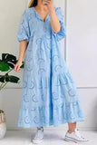 Chouyatou Women's Summer Loose Floral Lace Eyelet Dress Boho Casual Notch Neck Maxi Tunic Beach Dress