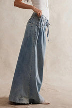 Chouyatou Women's Baggy Wide Leg Denim Pants Drawstring Midi Waisted Flare Jeans Ruffle Pleated Button Jeans