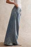 Chouyatou Women's Baggy Wide Leg Denim Pants Drawstring Midi Waisted Flare Jeans Ruffle Pleated Button Jeans