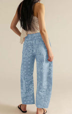 Chouyatou Women Boyfriend Baggy Barrel Jeans Floral Print Denim Ankle Pants Wide Leg Mid Rise Jeans Sweatpants Y2k Patchwork