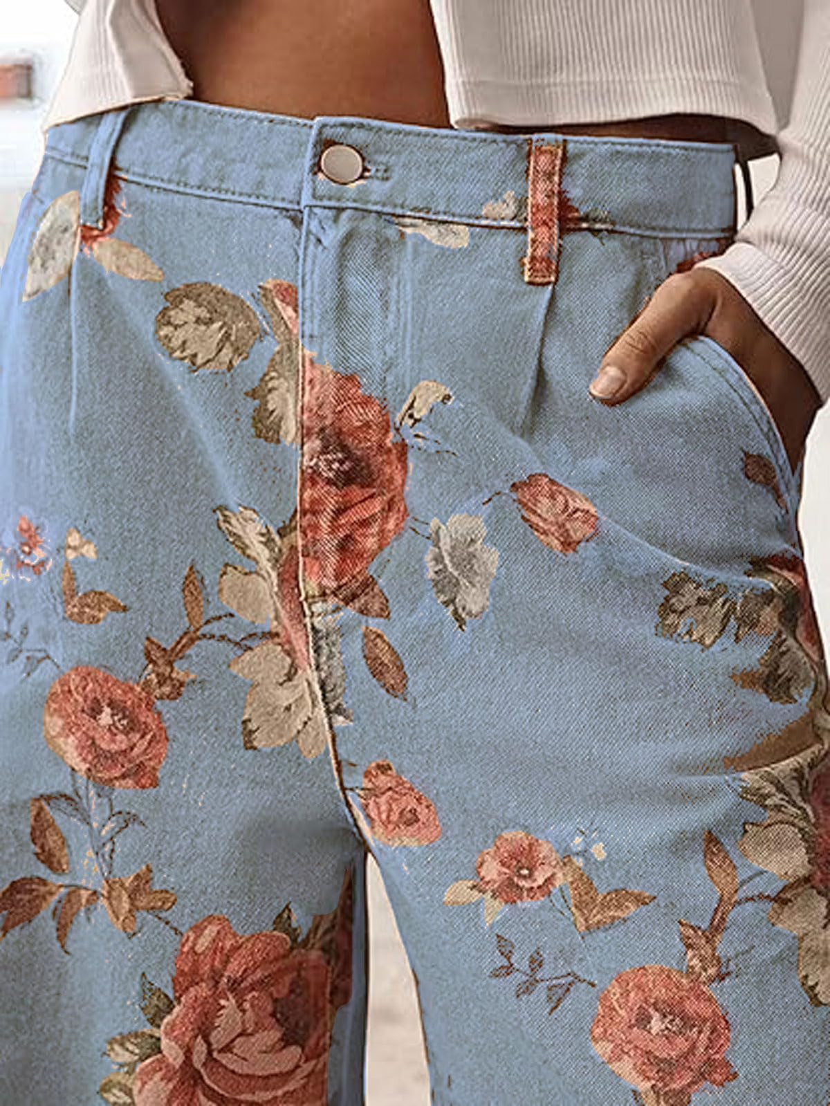 Chouyatou Women Mid Rise Cropped Wide Leg Jeans Baggy Floral Ankle Pants Denim Capris Flare Print Boho Palazzo Jeans Boyfriend