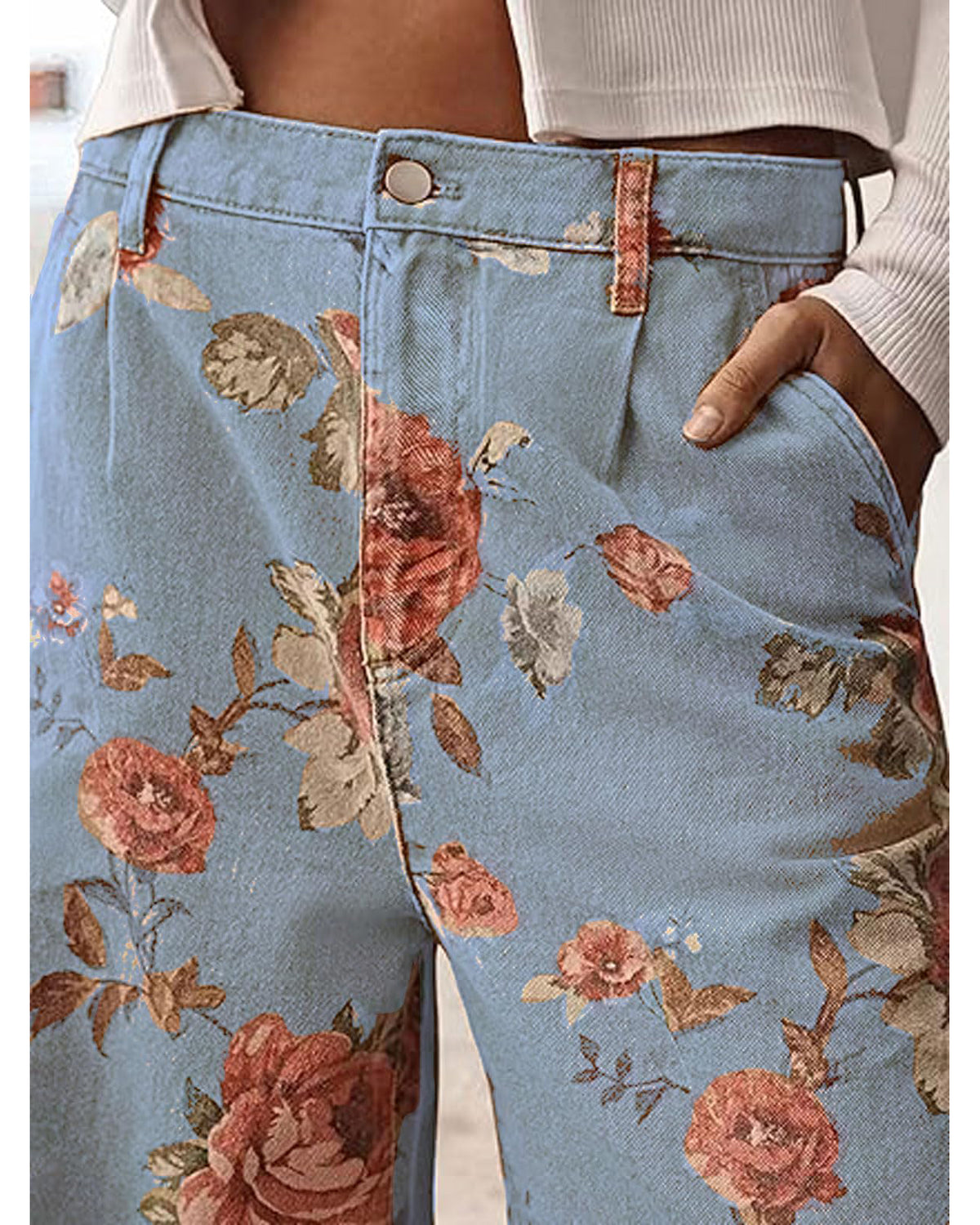 Chouyatou Women Mid Rise Cropped Wide Leg Jeans Baggy Floral Ankle Pants Denim Capris Flare Print Boho Palazzo Jeans Boyfriend