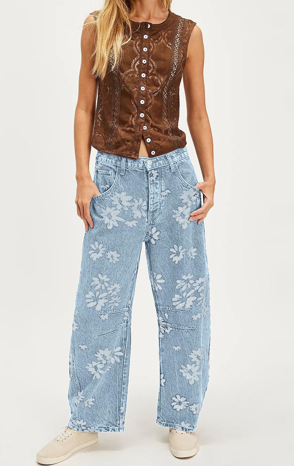 Chouyatou Women Y2k Distressed Barrel Jeans Baggy Wide Leg Jeans Floral Printed Boyfriend Patchwork Denim Pants