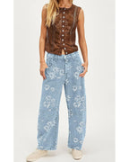 Chouyatou Women Y2k Distressed Barrel Jeans Baggy Wide Leg Jeans Floral Printed Boyfriend Patchwork Denim Pants