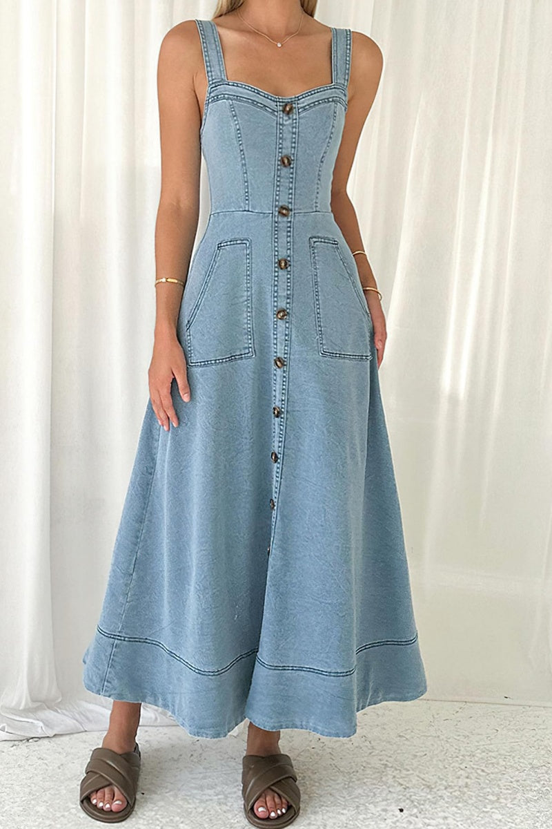 Chouyatou Women's Adjustable Strap Midi Long Denim Dress 2025 Button D – CHOUYATOU