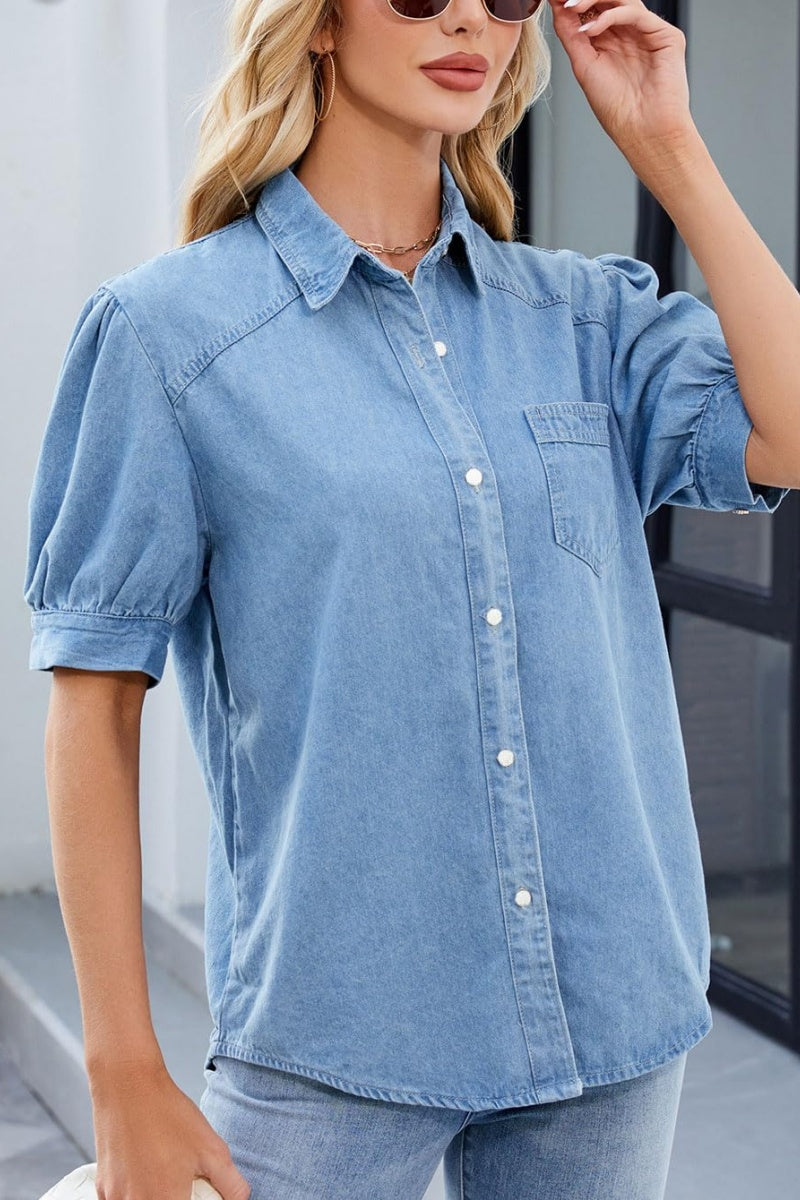 Chouyatou Women's Casual Washed Distressed Puff Sleeve Denim Button Down Shirt Jean Jacket Coat