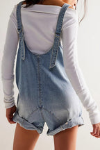 Chouyatou Women Casual Denim Short Overalls Rolled Cuff Barrel Shorts Jumpsuit Rompers