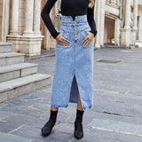 Chouyatou Women's Midi Jean Skirt High Waisted Slit Hem Slim Fit Pencil Denim Skirt