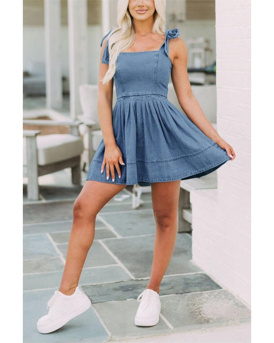 Chouyatou Women's Summer Tie Shoulder Sleeveless Denim Mini Dress Casual Flowy Swing Pleated Short Denim Dress