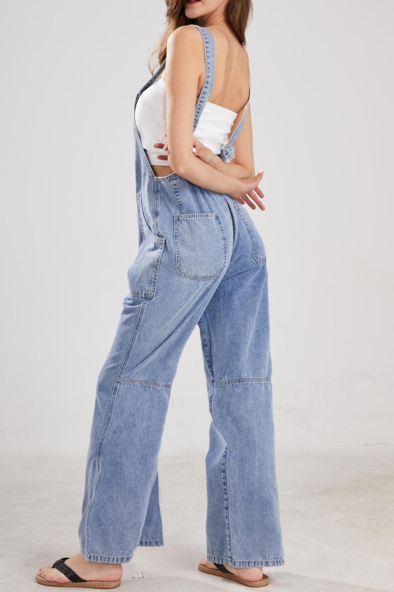 Chouyatou Casual Denim Jumpsuit for Women Overalls Wide Leg Jumpsuit Jeans Denim Bib Overalls Dungaree Pockets
