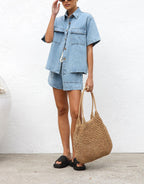 Chouyatou Women's Summer Denim 2 Piece Outfits Short Sleeve Button Down Shirt Elastic Waist Wide Leg Shorts Matching Set