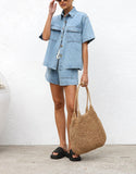 chouyatou Women's Summer Denim 2 Piece Outfits Short Sleeve Button Down Shirt Elastic Waist Wide Leg Shorts Matching Set