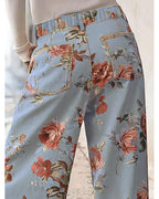 Chouyatou Women Mid Rise Cropped Wide Leg Jeans Baggy Floral Ankle Pants Denim Capris Flare Print Boho Palazzo Jeans Boyfriend