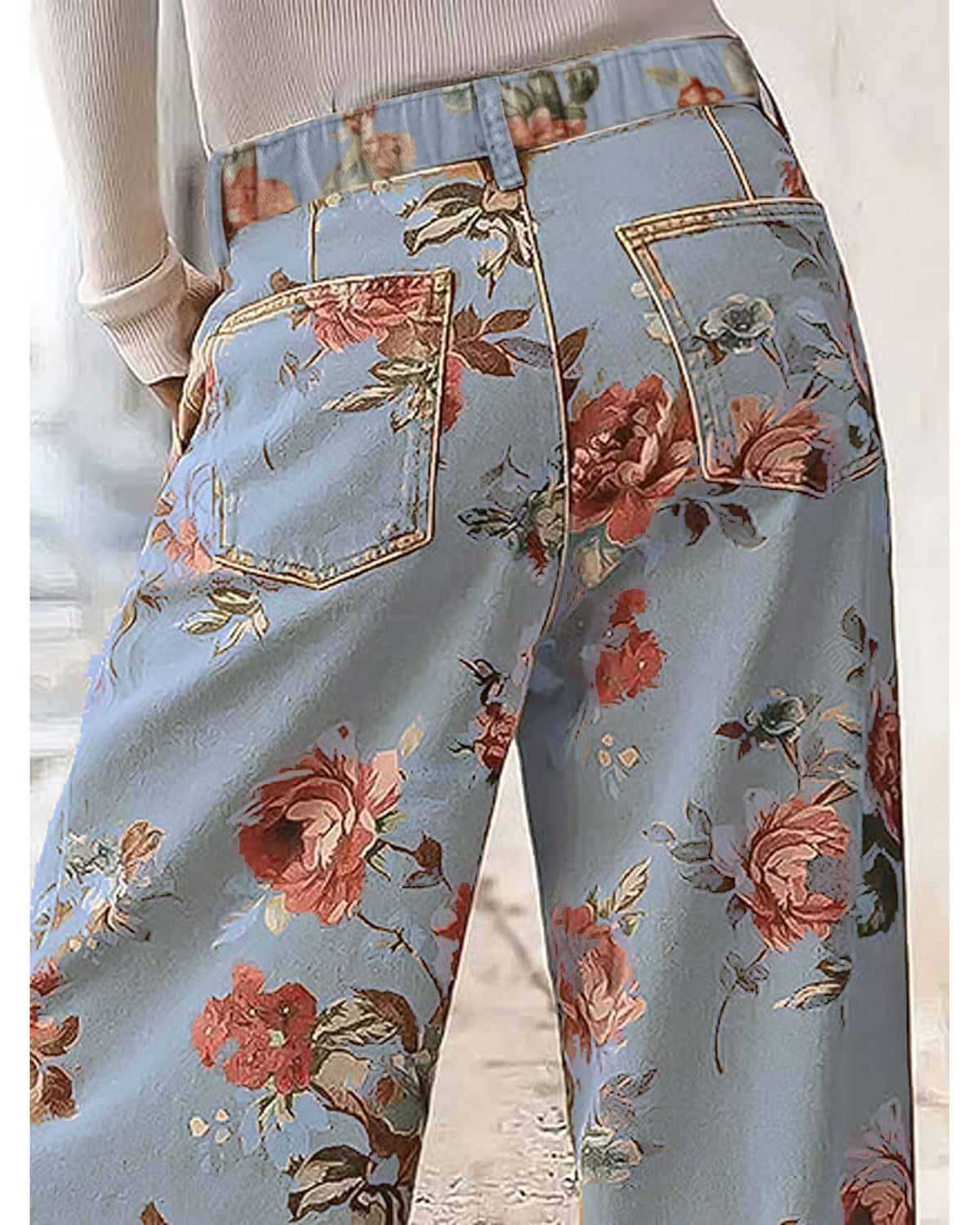 Chouyatou Women Mid Rise Cropped Wide Leg Jeans Baggy Floral Ankle Pants Denim Capris Flare Print Boho Palazzo Jeans Boyfriend