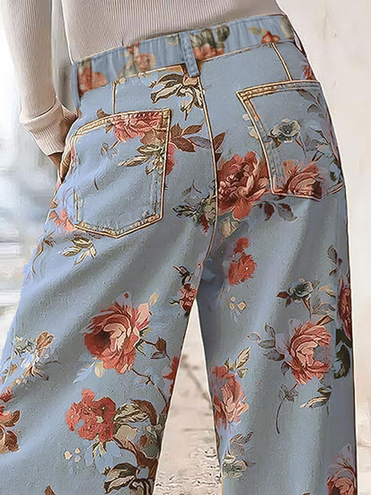Chouyatou Women Mid Rise Cropped Wide Leg Jeans Baggy Floral Ankle Pants Denim Capris Flare Print Boho Palazzo Jeans Boyfriend