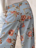 Chouyatou Women Mid Rise Cropped Wide Leg Jeans Baggy Floral Ankle Pants Denim Capris Flare Print Boho Palazzo Jeans Boyfriend