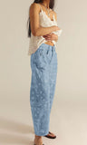 chouyatou Women Boyfriend Baggy Barrel Jeans Floral Print Denim Ankle Pants Wide Leg Mid Rise Jeans Sweatpants Y2k Patchwork
