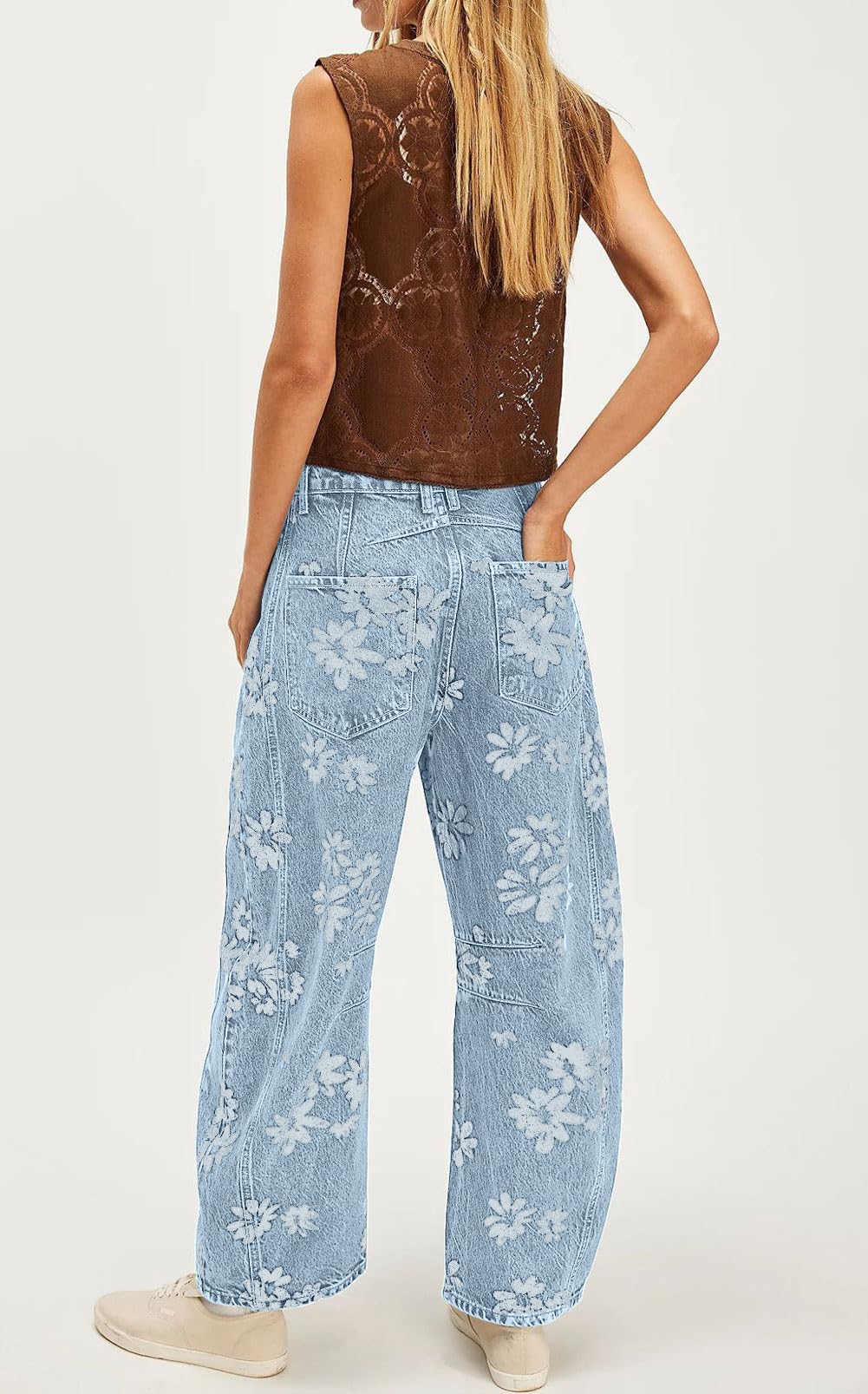 Chouyatou Women Y2k Distressed Barrel Jeans Baggy Wide Leg Jeans Floral Printed Boyfriend Patchwork Denim Pants