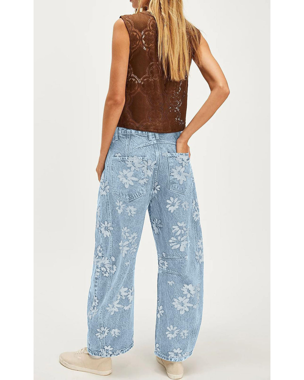 Chouyatou Women Y2k Distressed Barrel Jeans Baggy Wide Leg Jeans Floral Printed Boyfriend Patchwork Denim Pants