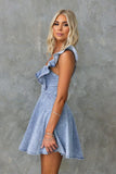Chouyatou Denim Dress for Women Ruffle Adjustable Strap Sleeveless Backless Babydoll Mini Jean Dresses