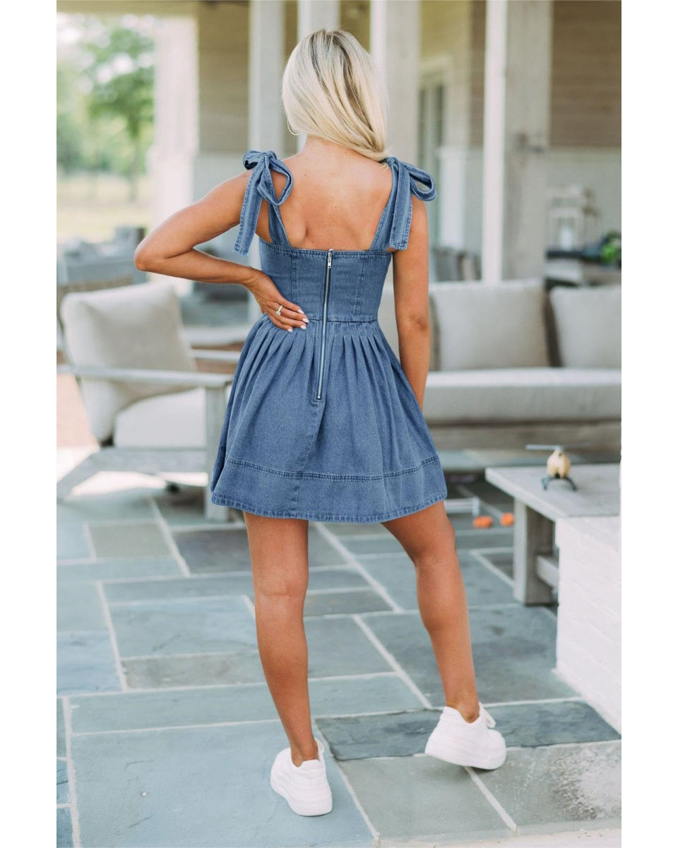 Chouyatou Women's Summer Tie Shoulder Sleeveless Denim Mini Dress Casual Flowy Swing Pleated Short Denim Dress