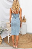 Chouyatou Denim Dress for Women Sleeveless Side Slit Bodycon Midi Jean Dresses