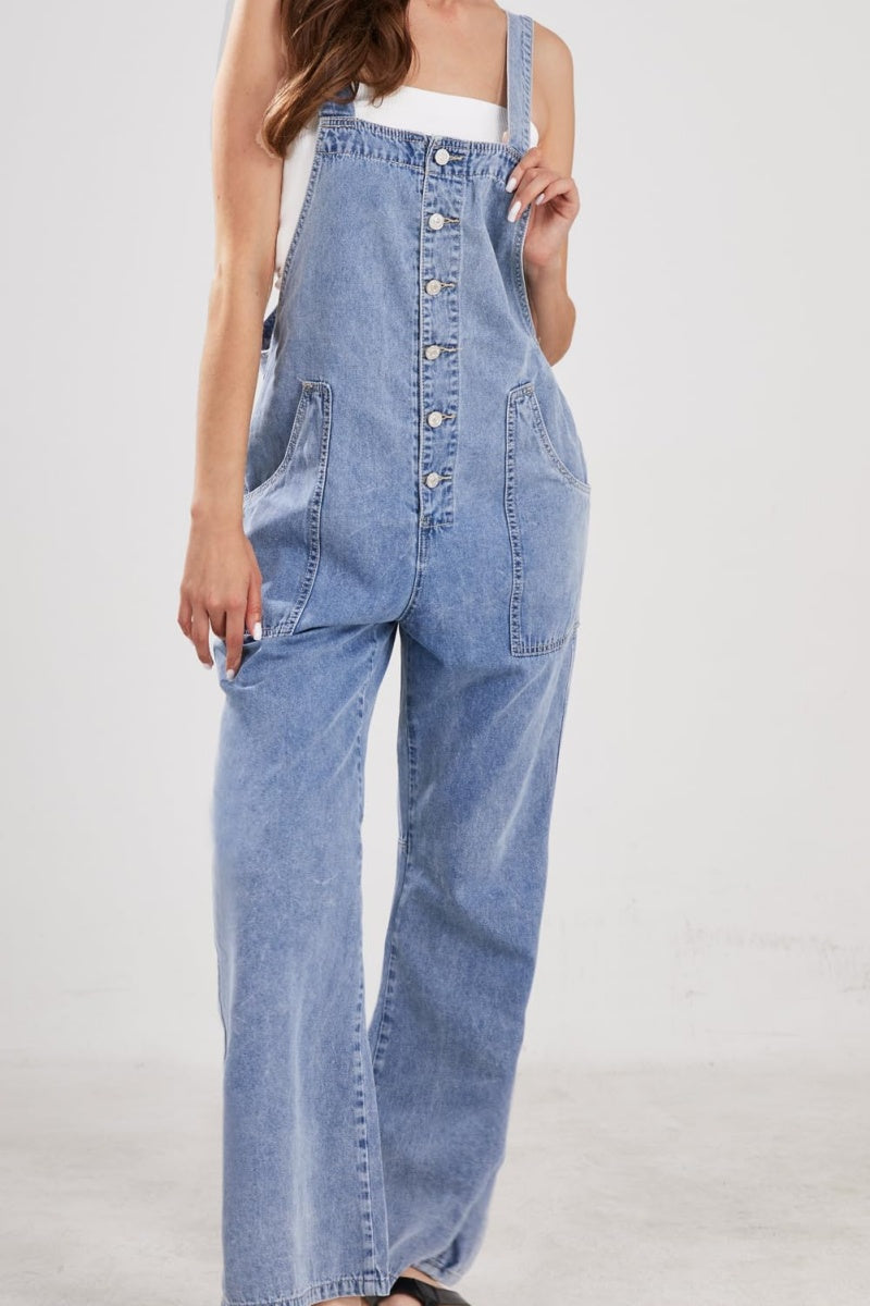 Chouyatou Casual Denim Jumpsuit for Women Overalls Wide Leg Jumpsuit Jeans Denim Bib Overalls Dungaree Pockets