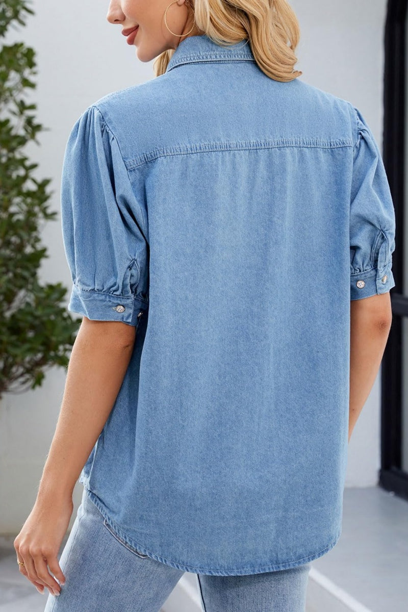 Chouyatou Women's Casual Washed Distressed Puff Sleeve Denim Button Down Shirt Jean Jacket Coat