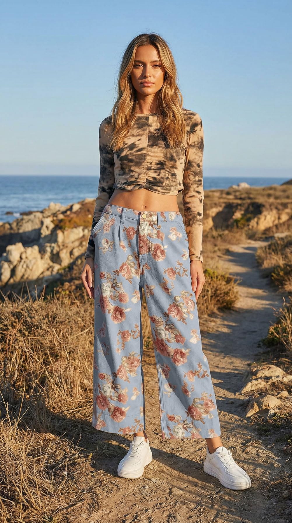 Chouyatou Women Mid Rise Cropped Wide Leg Jeans Baggy Floral Ankle Pants Denim Capris Flare Print Boho Palazzo Jeans Boyfriend