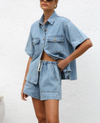 Chouyatou Women's Summer Denim 2 Piece Outfits Short Sleeve Button Down Shirt Elastic Waist Wide Leg Shorts Matching Set