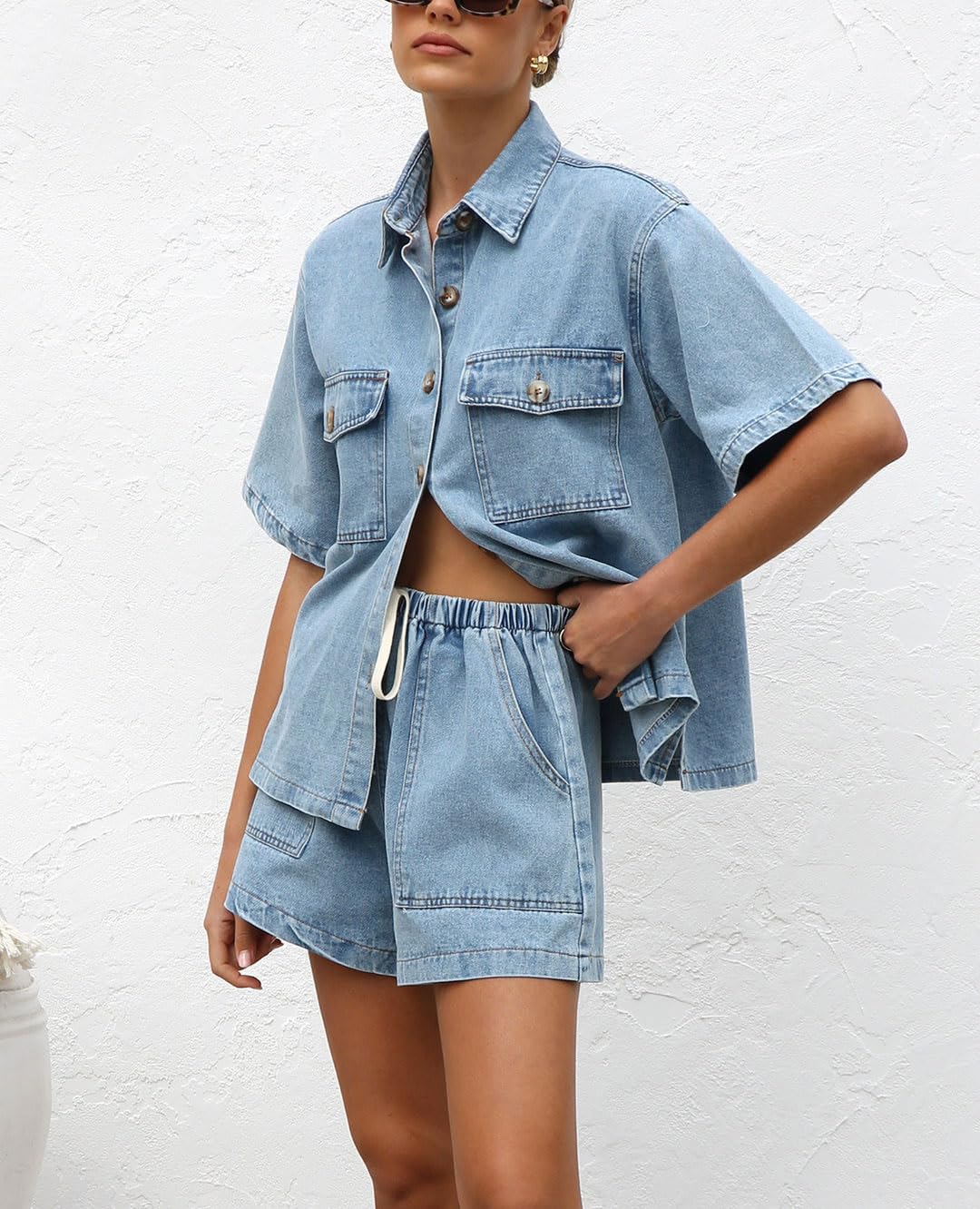 Chouyatou Women's Summer Denim 2 Piece Outfits Short Sleeve Button Down Shirt Elastic Waist Wide Leg Shorts Matching Set