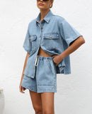 chouyatou Women's Summer Denim 2 Piece Outfits Short Sleeve Button Down Shirt Elastic Waist Wide Leg Shorts Matching Set