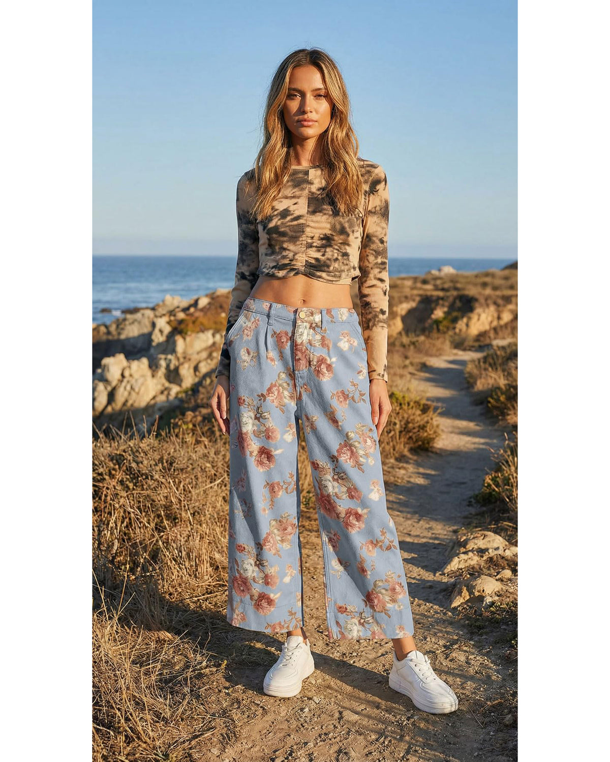 Chouyatou Women Mid Rise Cropped Wide Leg Jeans Baggy Floral Ankle Pants Denim Capris Flare Print Boho Palazzo Jeans Boyfriend